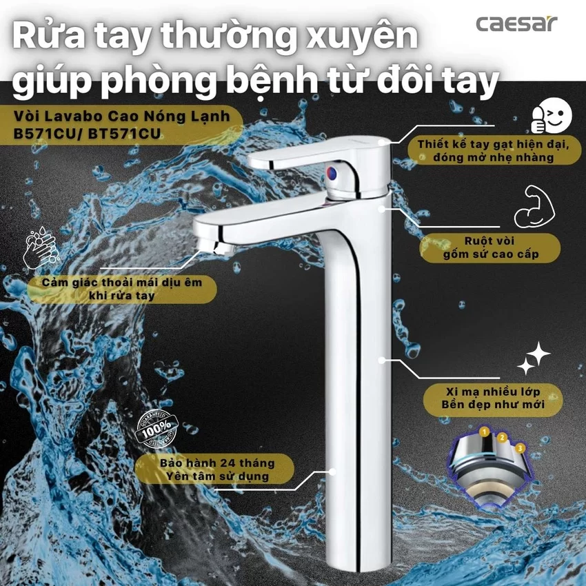 Vòi chậu lavabo nóng lạnh Caesar BT571CU 8 Vòi chậu lavabo nóng lạnh Caesar BT571CU