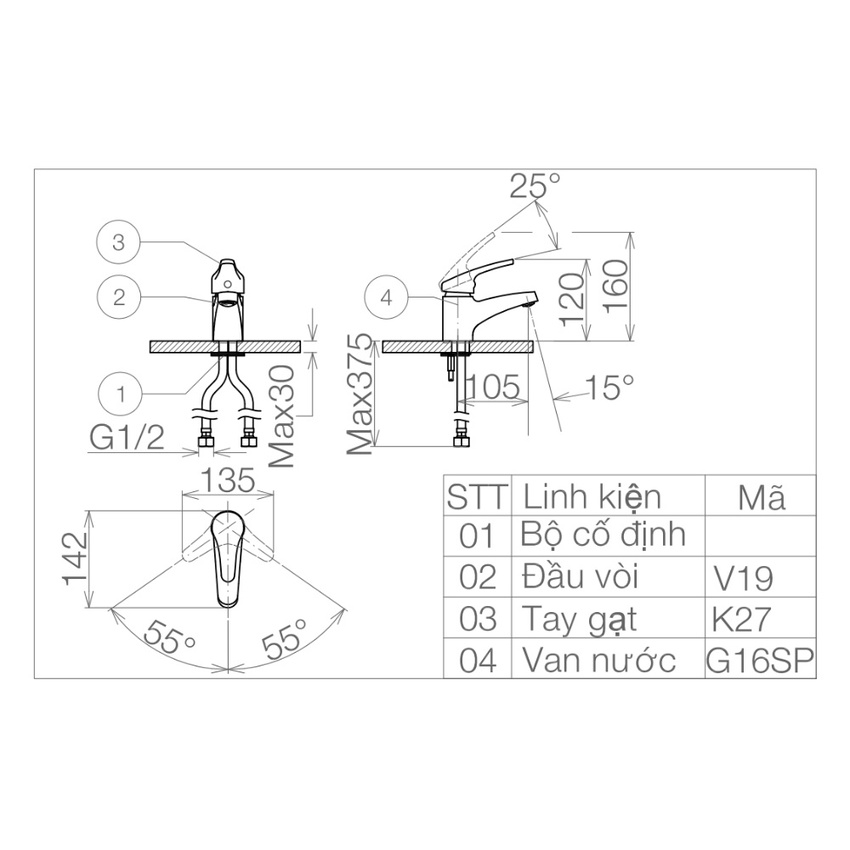 Vòi chậu lavabo nóng lạnh Viglacera VG102 7 Vòi chậu lavabo nóng lạnh Viglacera VG102