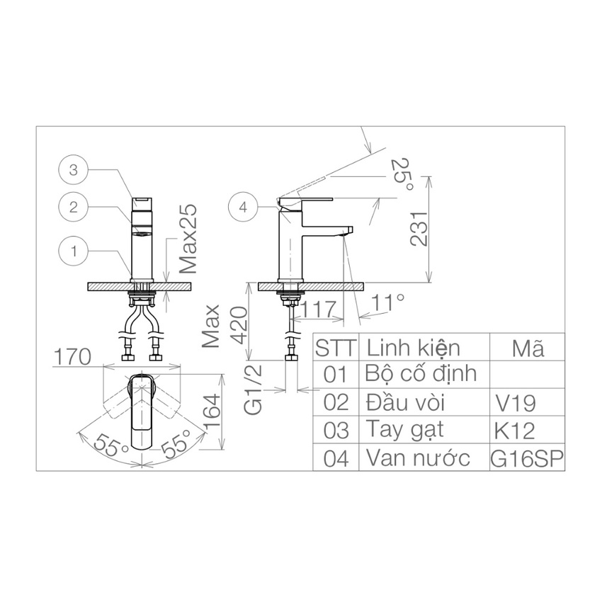 Vòi chậu lavabo nóng lạnh Viglacera VG112 10 Vòi chậu lavabo nóng lạnh Viglacera VG112