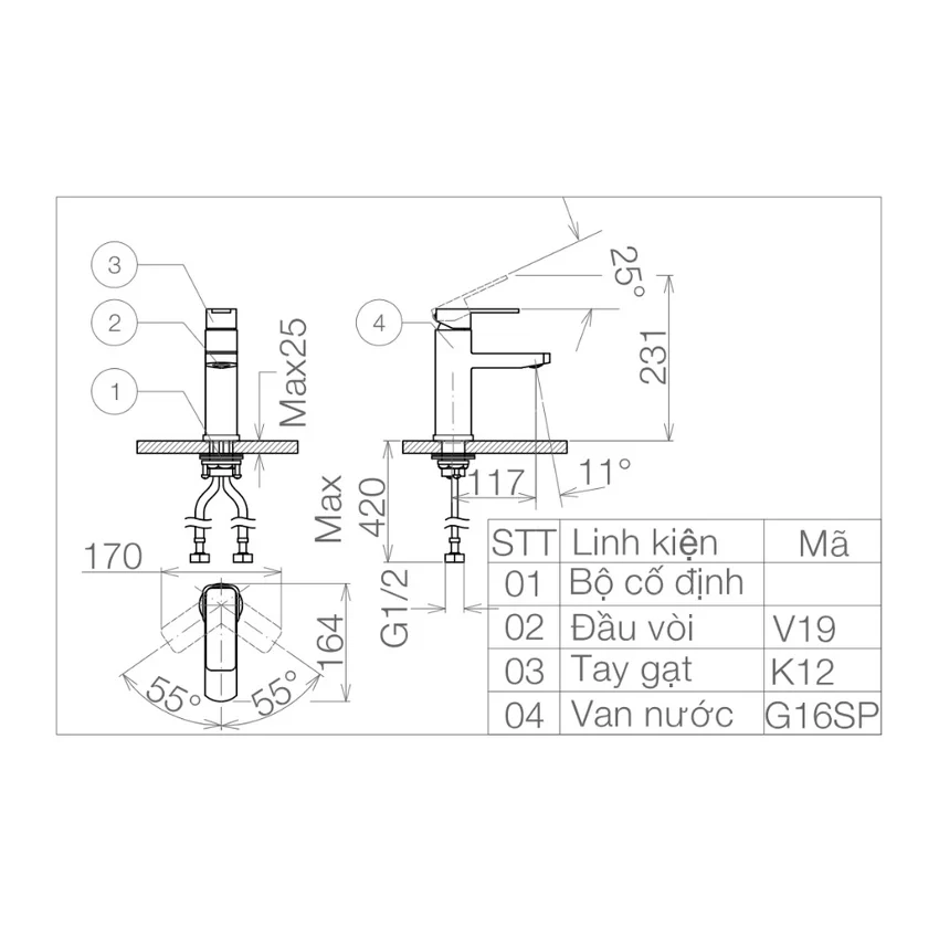 Vòi chậu lavabo nóng lạnh Viglacera VG112 10 Vòi chậu lavabo nóng lạnh Viglacera VG112