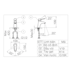 Vòi chậu lavabo nóng lạnh Viglacera VG114 12 Vòi chậu lavabo nóng lạnh Viglacera VG114