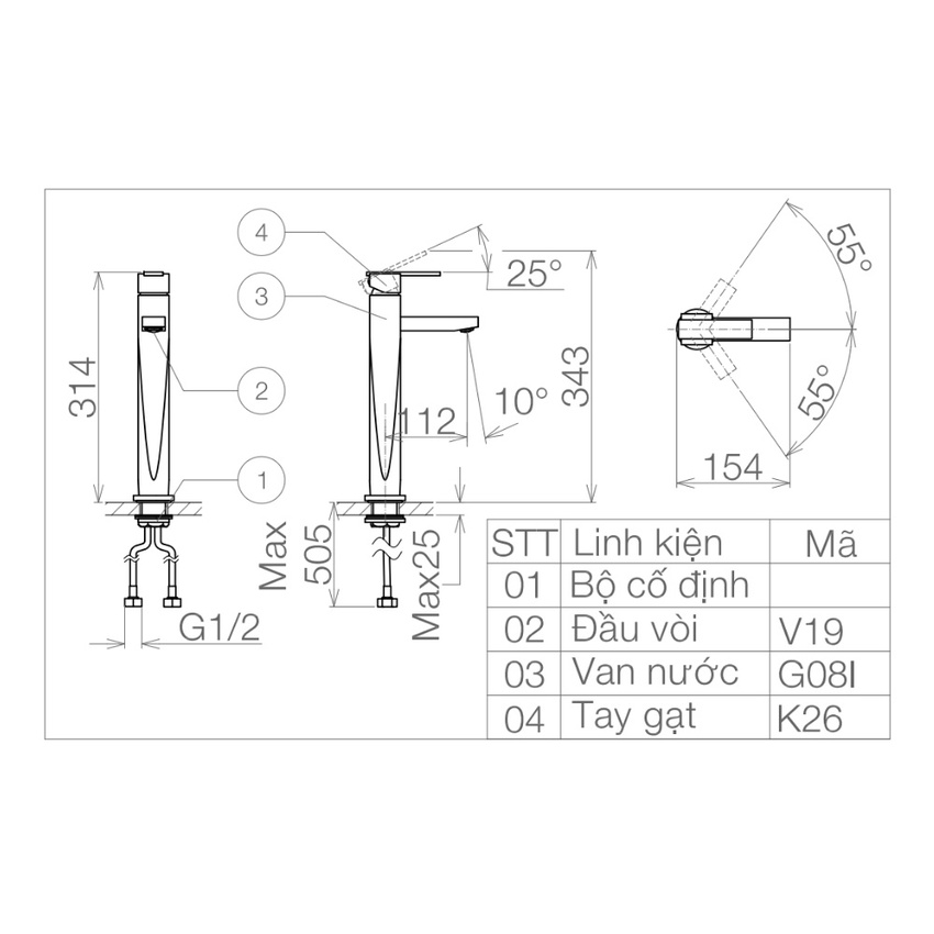 Vòi chậu lavabo nóng lạnh Viglacera VG126 7 Vòi chậu lavabo nóng lạnh Viglacera VG126