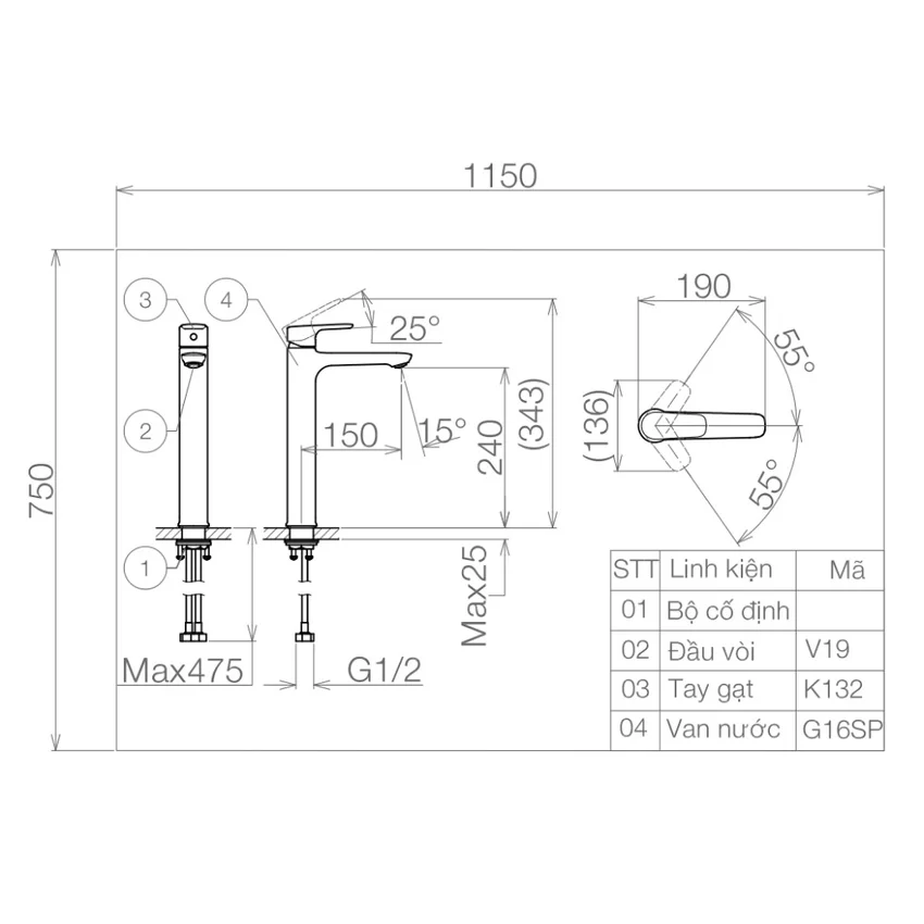 Vòi chậu lavabo nóng lạnh Viglacera VG132.1 10 Vòi chậu lavabo nóng lạnh Viglacera VG132.1
