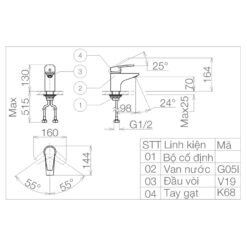 Vòi chậu lavabo nóng lạnh Viglacera VG168 12 Vòi chậu lavabo nóng lạnh Viglacera VG168