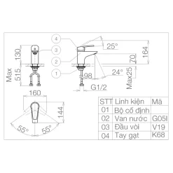 Vòi chậu lavabo nóng lạnh Viglacera VG168 12 Vòi chậu lavabo nóng lạnh Viglacera VG168
