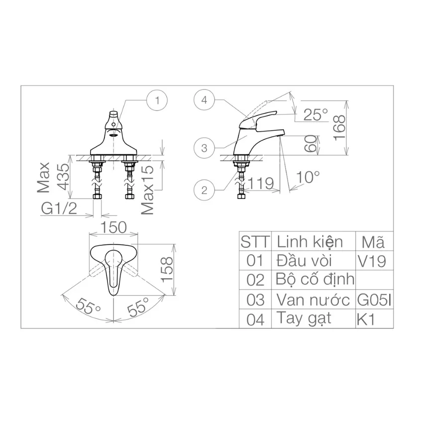 Vòi chậu lavabo nóng lạnh Viglacera VG302 - SKU VG302 Vòi chậu lavabo nóng lạnh Viglacera VG302