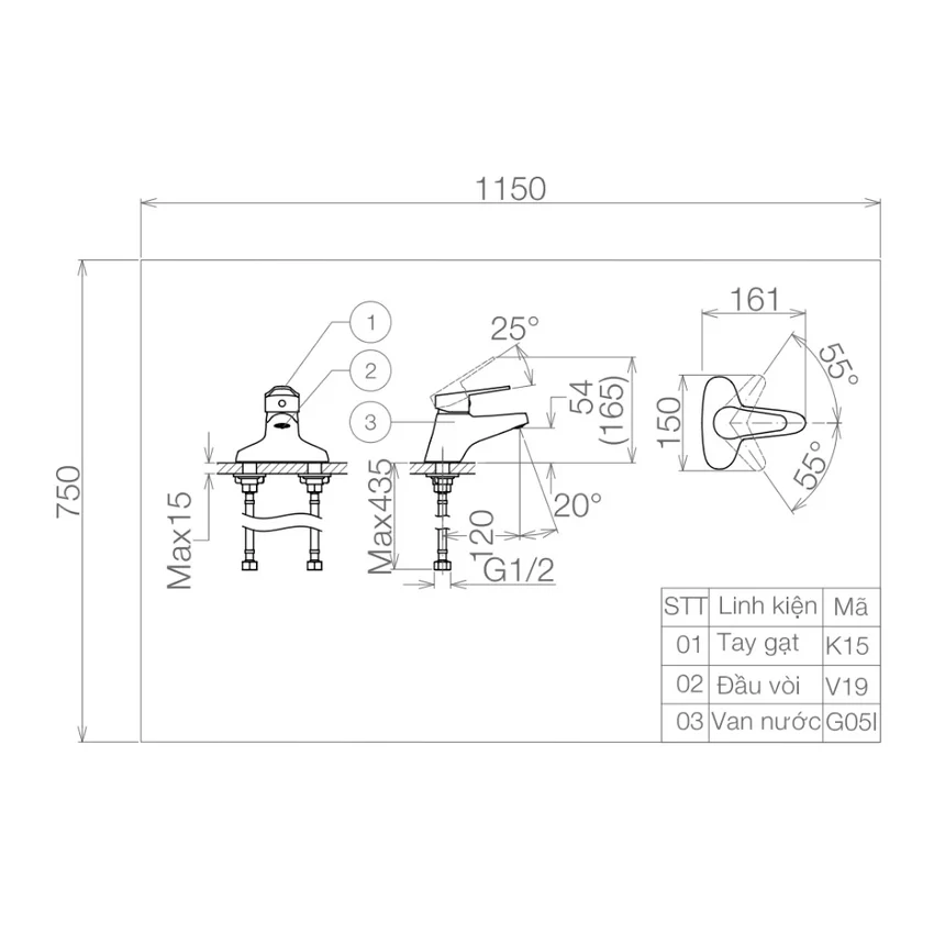 Vòi chậu lavabo nóng lạnh Viglacera VG315 Vòi chậu lavabo nóng lạnh Viglacera VG315