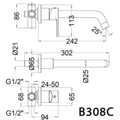 Vòi lavabo nóng lạnh âm tường Caesar B308C