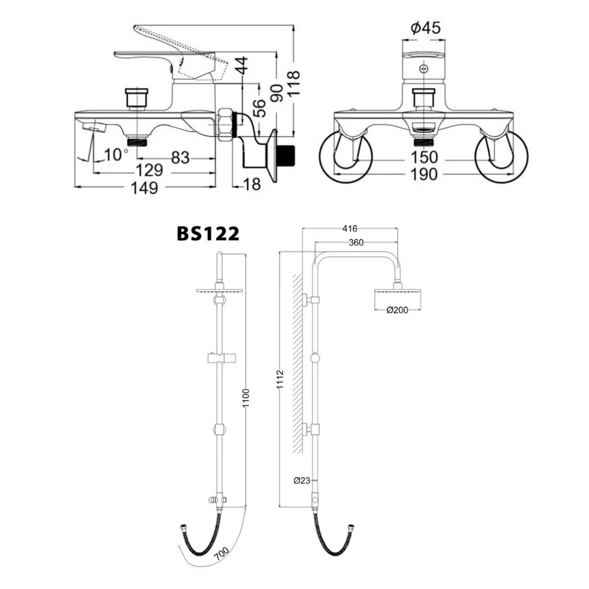 Bộ sen cây tắm đứng nóng lạnh Caesar BS122+S773C Bộ sen cây tắm đứng nóng lạnh Caesar BS122+S773C