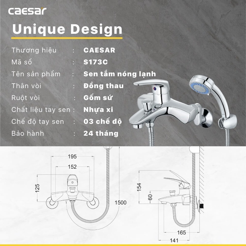 Thiết kế hiện đại của Bộ sen cây tắm đứng nóng lạnh Caesar BS124+S173C - SKU: BS124+S173C Thiết kế hiện đại của Bộ sen cây tắm đứng nóng lạnh Caesar BS124+S173C