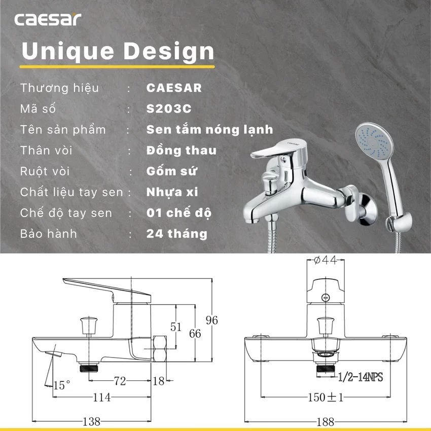 Bộ sen cây tắm đứng nóng lạnh Caesar BS124+S203C Bộ sen cây tắm đứng nóng lạnh Caesar BS124+S203C