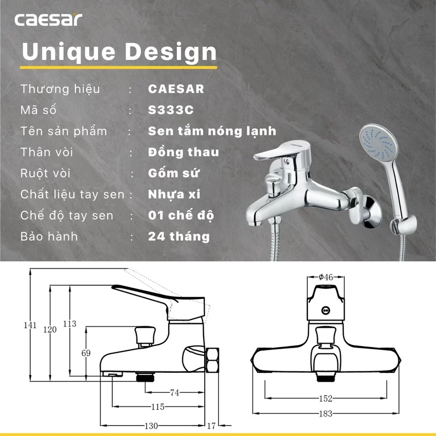 Thiết kế sang trọng của bộ sen cây tắm đứng Caesar BS124+S333C Thiết kế sang trọng của bộ sen cây tắm đứng Caesar