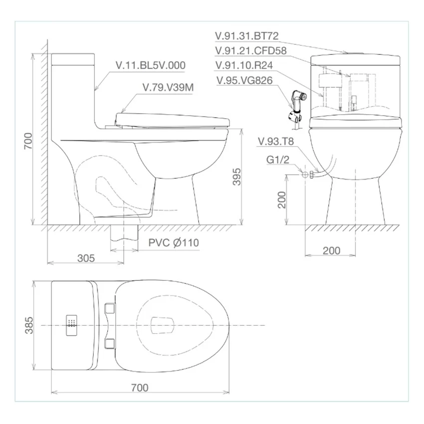 Bồn cầu 1 khối Viglacera BL5 nắp êm xả thẳng (+ vòi xịt VG826) 8 Bồn cầu 1 khối Viglacera BL5 nắp êm xả thẳng (+ vòi xịt VG826)