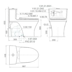 Bồn cầu 1 khối Viglacera HL2 nắp êm (+ vòi xịt VG826 & van VG853) 14 Bồn cầu 1 khối Viglacera HL2 nắp êm (+ vòi xịt VG826 & van VG853)