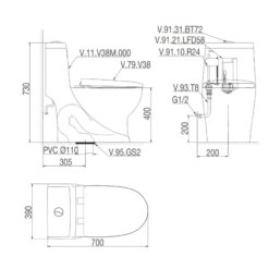 Bồn cầu 1 khối Viglacera V38 nắp êm xả thẳng (+ vòi xịt VG826)