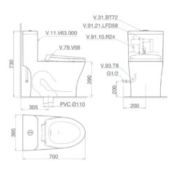 Bồn cầu 1 khối Viglacera V63 nắp êm (+ vòi xịt VG826 & van VG853)
