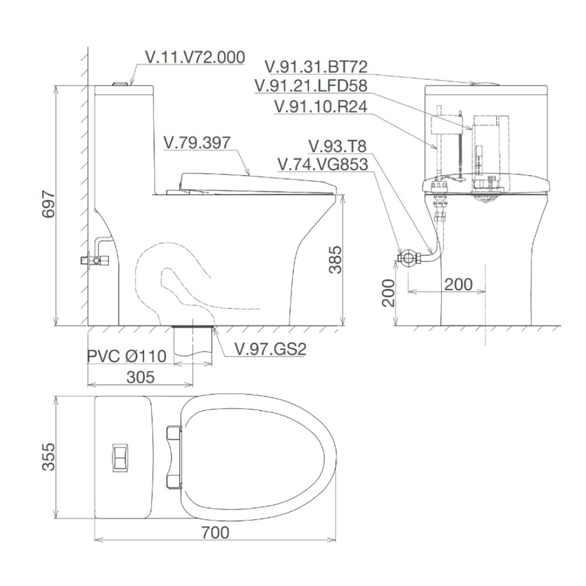 Bồn cầu 1 khối Viglacera V72-CAU nắp êm (+ vòi xịt VG826) 10 Bồn cầu 1 khối Viglacera V72-CAU nắp êm (+ vòi xịt VG826)