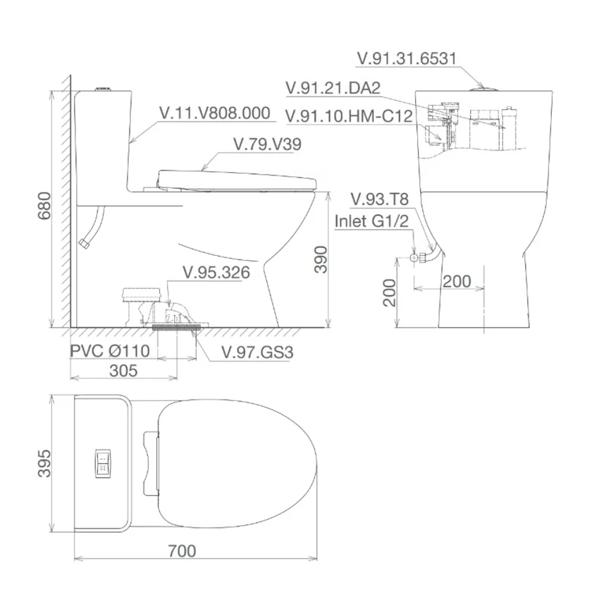 Bồn cầu 1 khối Viglacera V808 nắp êm (+ vòi xịt VG826 & van VG853) 10 Bồn cầu 1 khối Viglacera V808 nắp êm (+ vòi xịt VG826 & van VG853)