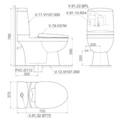 Bồn cầu 2 khối Viglacera VI107 nắp êm