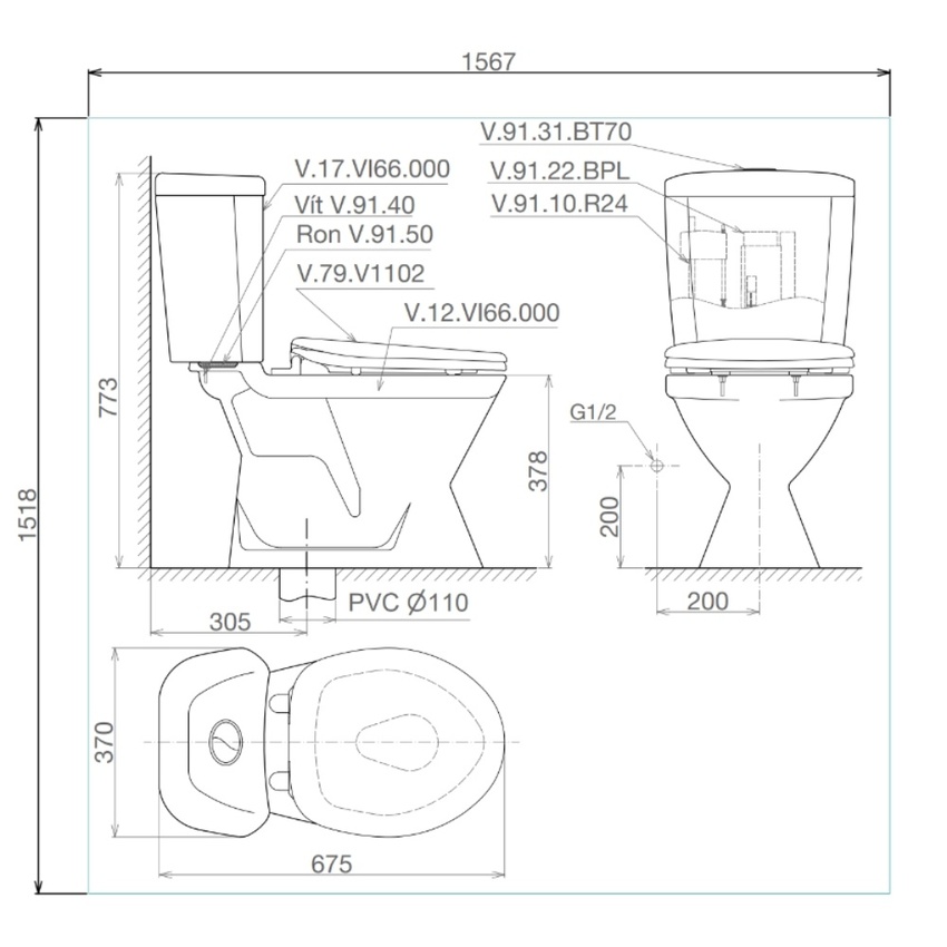 Bồn cầu 2 khối Viglacera VI66 nắp thường / nắp êm 8 Bồn cầu 2 khối Viglacera VI66 nắp thường / nắp êm