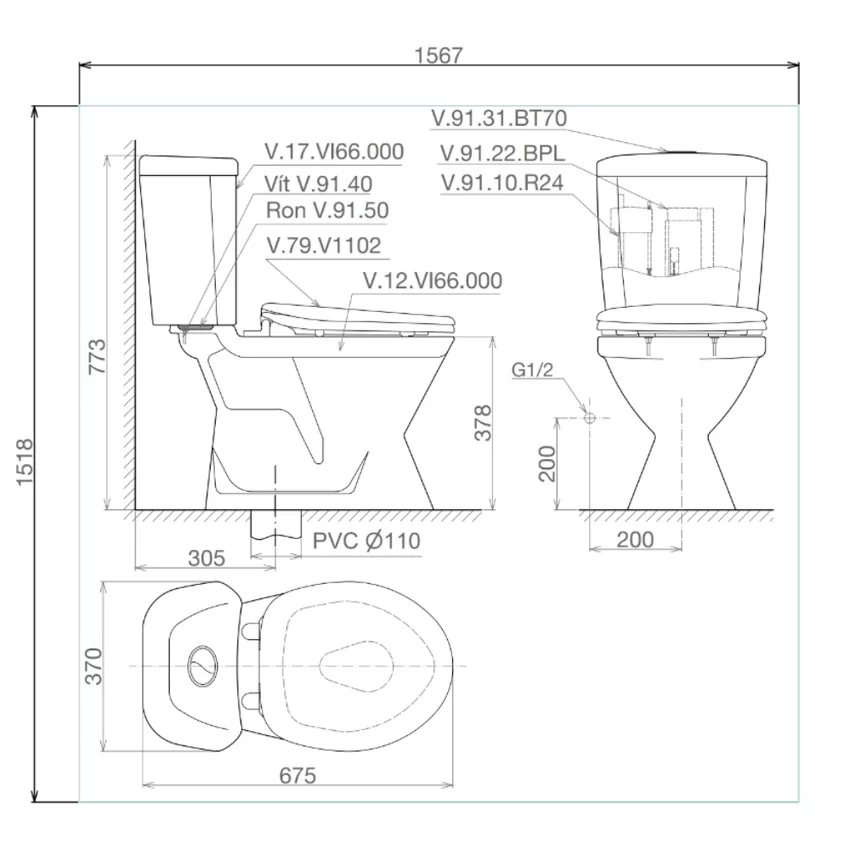 Bồn cầu 2 khối Viglacera VI66 nắp thường / nắp êm 8 Bồn cầu 2 khối Viglacera VI66 nắp thường / nắp êm