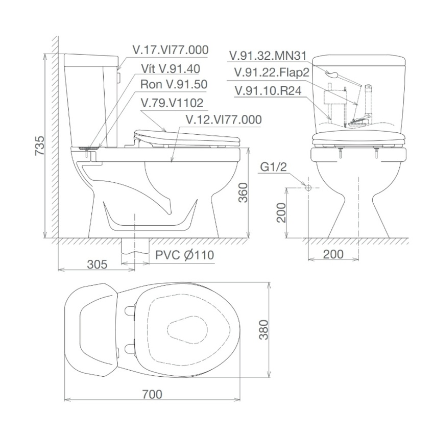 Bồn cầu 2 khối Viglacera VI77 nắp thường (+ lavabo VTL2) 7 Bồn cầu 2 khối Viglacera VI77 nắp thường (+ lavabo VTL2)