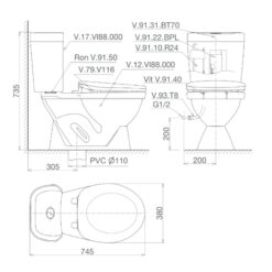 Bồn cầu 2 khối Viglacera VI88 nắp thường / nắp êm