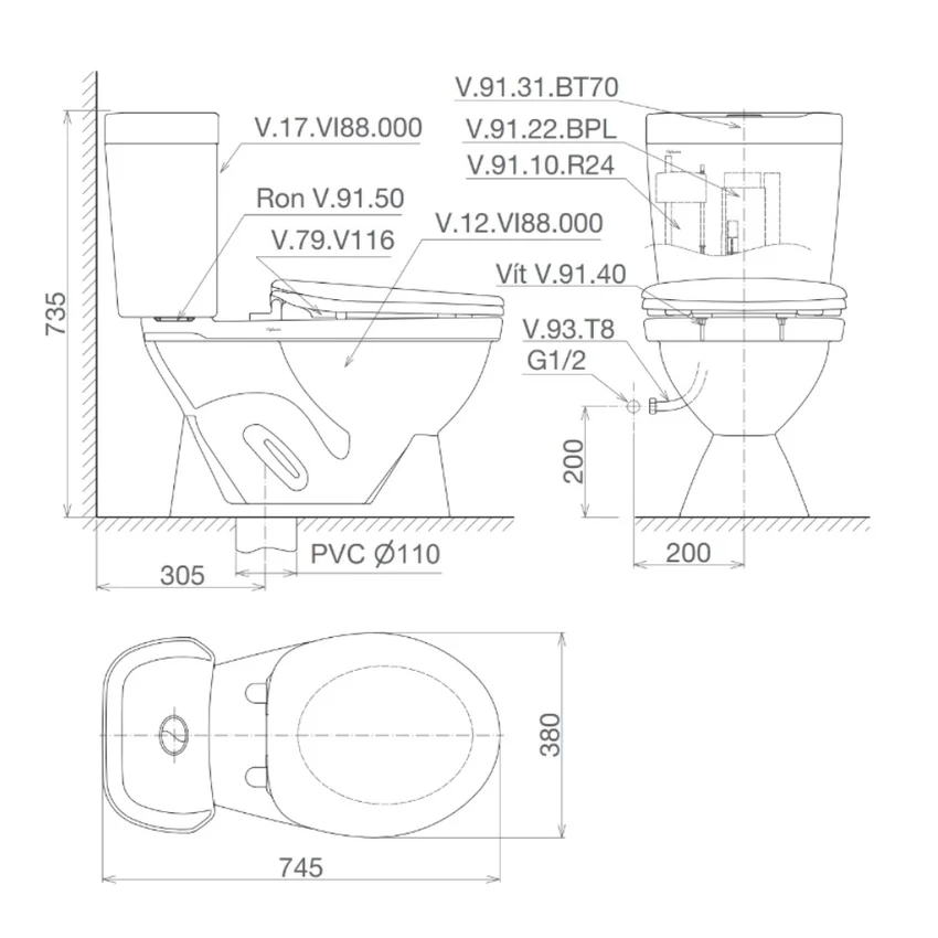 Bồn cầu 2 khối Viglacera VI88 tại Hải Yến Home Bồn cầu 2 khối Viglacera VI88 tại Hải Yến Home
