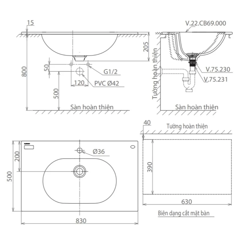 Chậu lavabo đặt bàn Viglacera CB69 4 Chậu lavabo đặt bàn Viglacera CB69