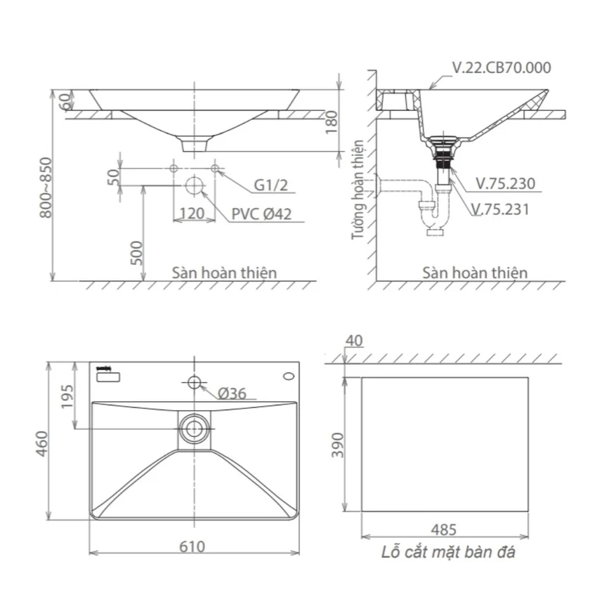 Chậu lavabo Viglacera CB70 sang trọng Chậu lavabo Viglacera CB70 sang trọng