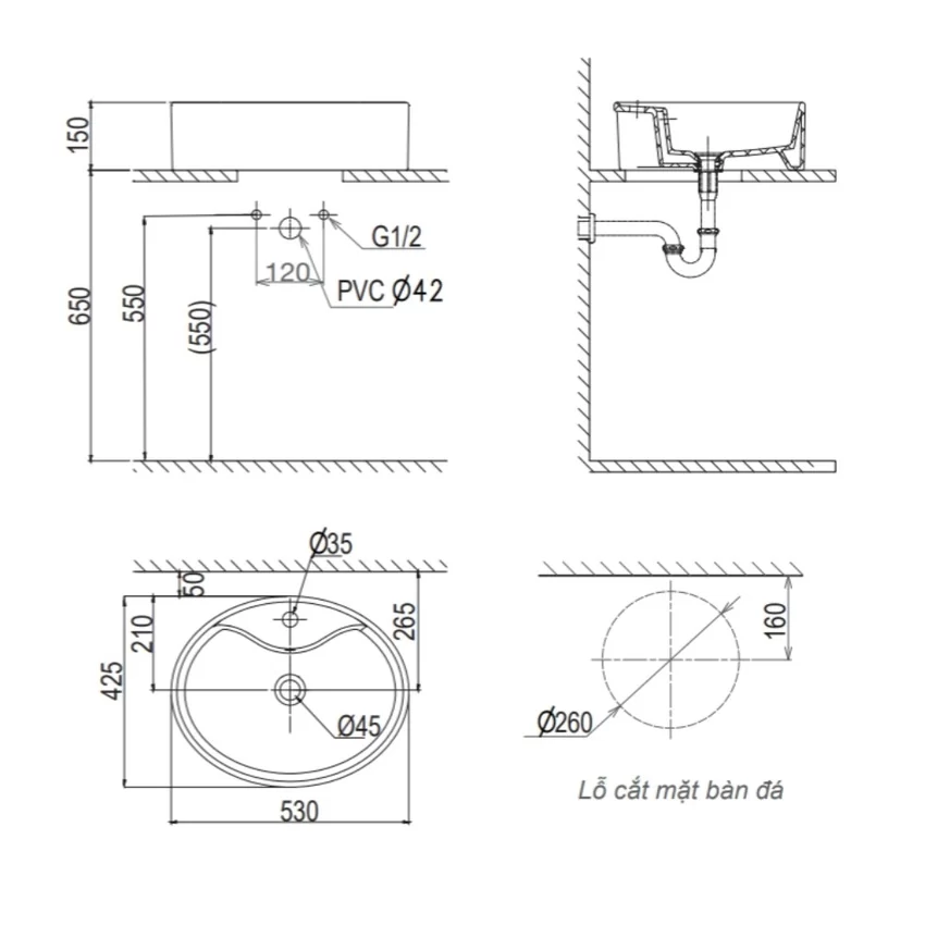 Chậu lavabo Viglacera CD19 Chậu lavabo đặt bàn Viglacera CD19