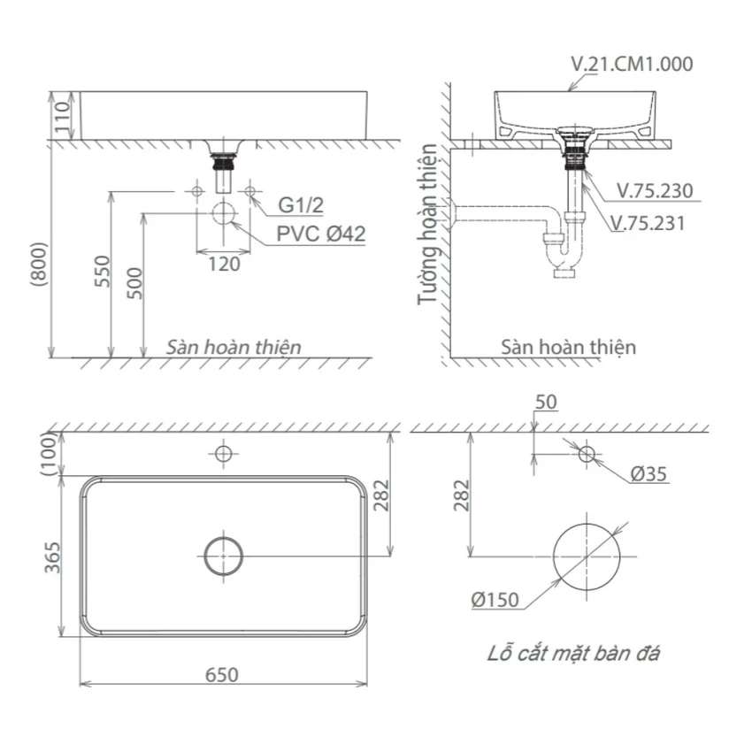 Chậu lavabo đặt bàn Viglacera CM01 12 Chậu lavabo đặt bàn Viglacera CM01