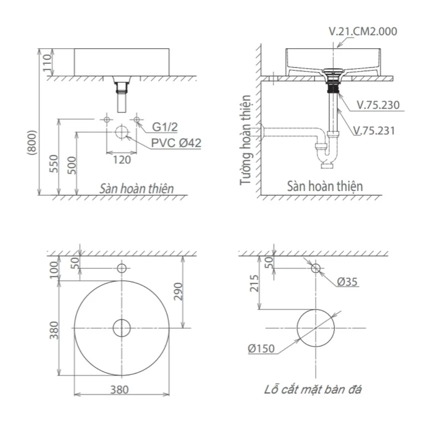 Chậu lavabo đặt bàn Viglacera CM02 8 Chậu lavabo đặt bàn Viglacera CM02