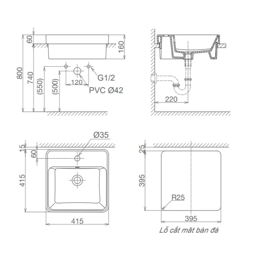 Chậu lavabo đặt bàn Viglacera V24 12 Chậu lavabo đặt bàn Viglacera V24