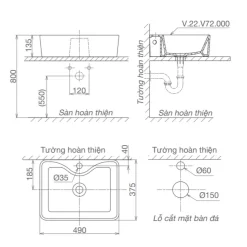 Chậu lavabo đặt bàn Viglacera V72 16 Chậu lavabo đặt bàn Viglacera V72