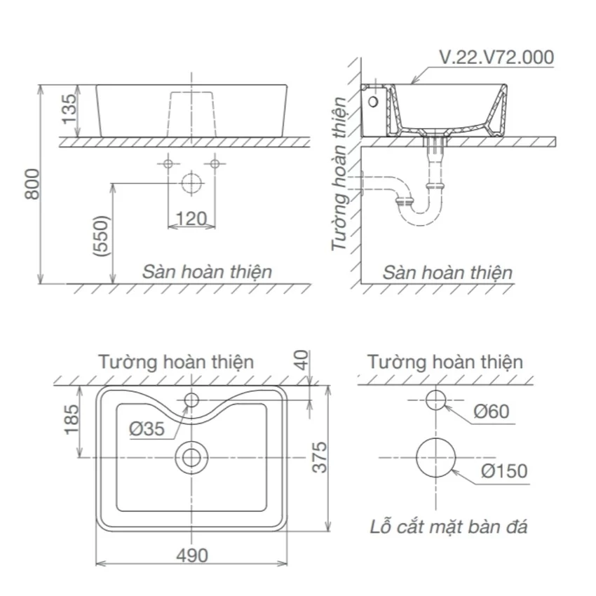 Chậu lavabo đặt bàn Viglacera V72 9 Chậu lavabo đặt bàn Viglacera V72
