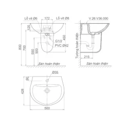 Chậu rửa lavabo treo tường Viglacera V36