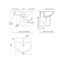 Chậu rửa lavabo treo tường Viglacera V36 chân lửng