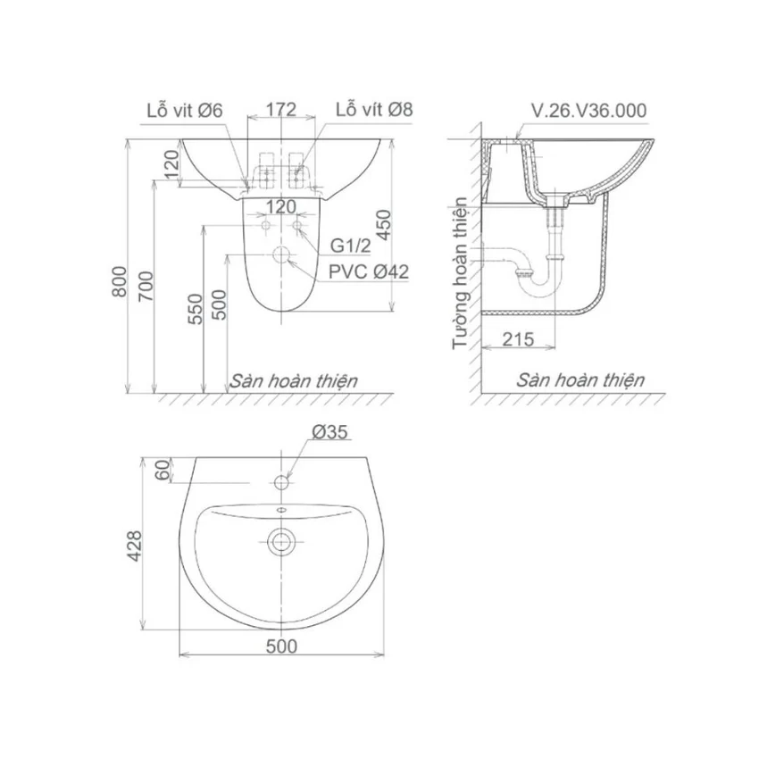 Chậu rửa lavabo treo tường Viglacera V36 chân lửng 8 Chậu rửa lavabo treo tường Viglacera V36 chân lửng