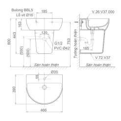 Chậu rửa lavabo treo tường Viglacera V37
