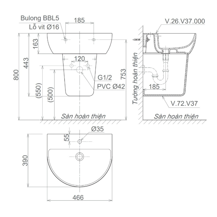 Chậu rửa lavabo treo tường Viglacera V37 7 Chậu rửa lavabo treo tường Viglacera V37 - SKU V37-CHAU