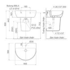 Chậu rửa lavabo treo tường Viglacera V37 chân lửng