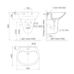 Chậu rửa lavabo treo tường Viglacera V39 chân lửng 21 Chậu rửa lavabo treo tường Viglacera V39 chân lửng