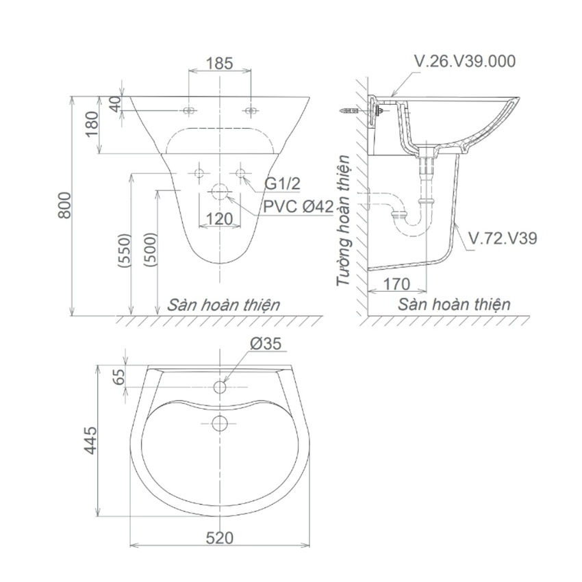 Chậu rửa lavabo treo tường Viglacera V39 chân lửng 12 Chậu rửa lavabo treo tường Viglacera V39 chân lửng