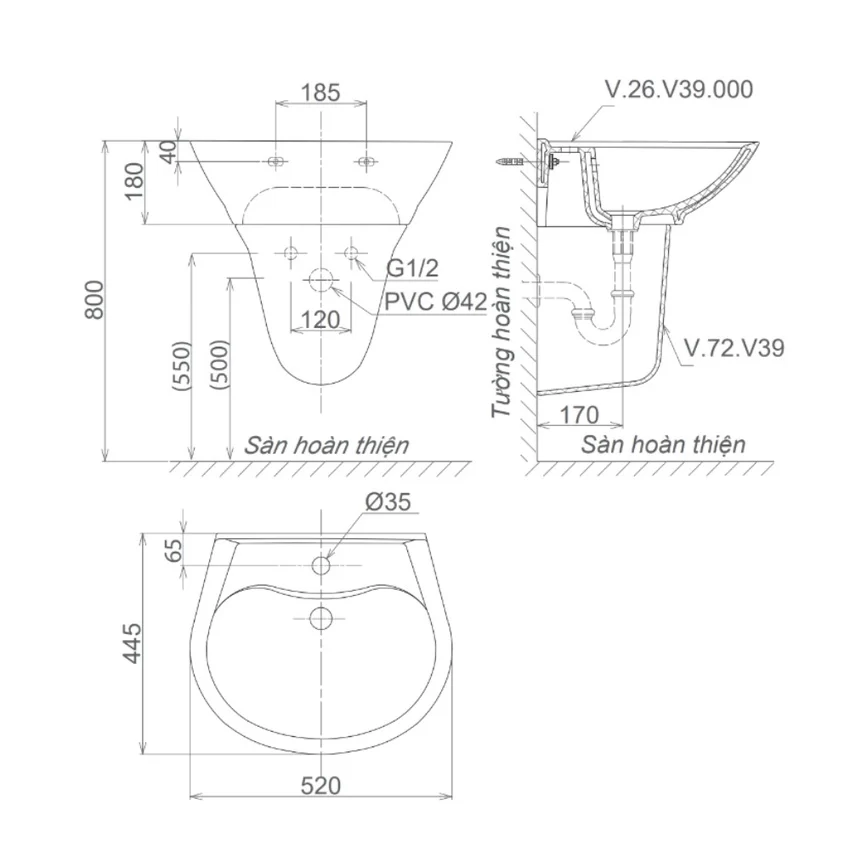 Chậu rửa lavabo treo tường Viglacera V39 chân lửng 12 Chậu rửa lavabo treo tường Viglacera V39 chân lửng
