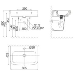 Chậu rửa lavabo treo tường Viglacera V50 chân lửng 5 Chậu rửa lavabo treo tường Viglacera V50 chân lửng