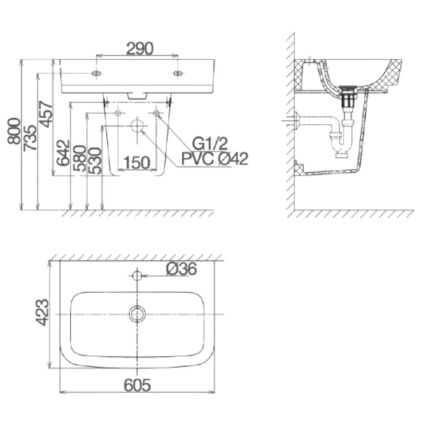 Thiết kế Chậu Rửa Lavabo Treo Tường Viglacera V50 Chân Lửng - SKU: V50-CHAU+V50-CHAN Thiết kế chậu rửa lavabo treo tường Viglacera V50 chân lửng