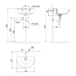 Chậu rửa lavabo treo tường Viglacera V523