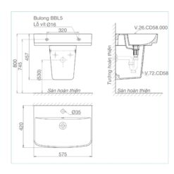 Chậu rửa lavabo treo tường Viglacera V58 chân lửng