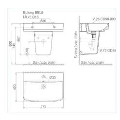 Chậu rửa lavabo treo tường Viglacera V58 chân lửng